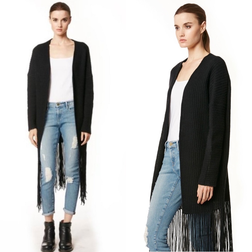 360 CASHMERE QUINCY RIBBED LONGLINE FRINGE DROPPED SHOULDERS CARDIGAN SWEATER